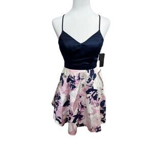 CITY STUDIO Womens Navy Pocketed Zippered Floral Mini Dress NWT